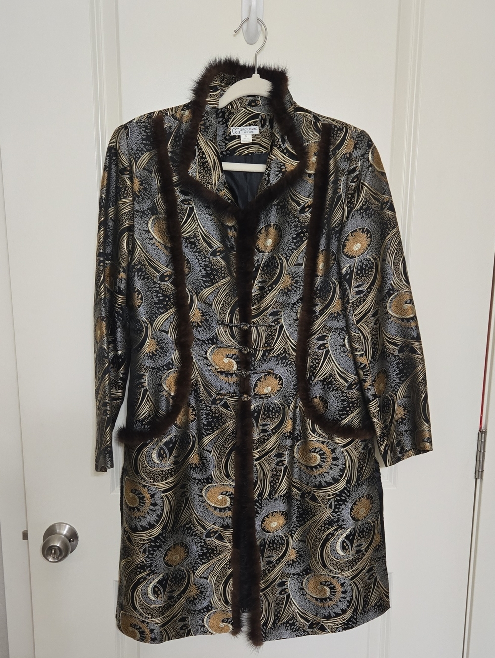 Women's Black and Gold Patterned Trench Coat with Faux Fur Trim